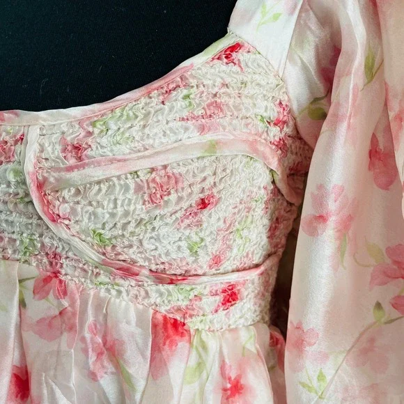 NWT Worth Collective Harlow Smocked Maxi Dress Puff Sleeve Pink Floral Chiffon S - Picture 4 of 12